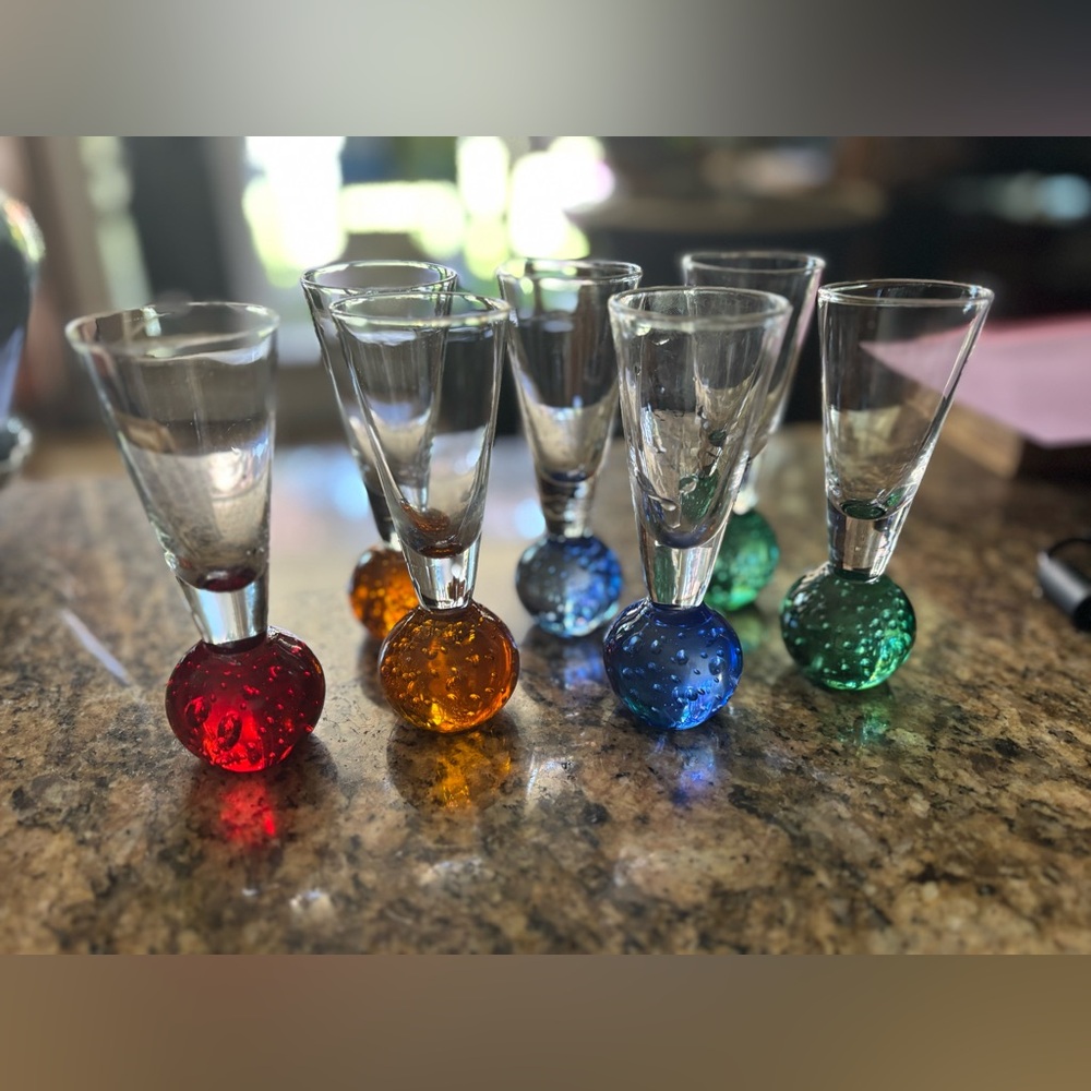 Vintage Bullicante Bubble Base Cordial Shot Glasses Set of 7 Rainbow Party Fun